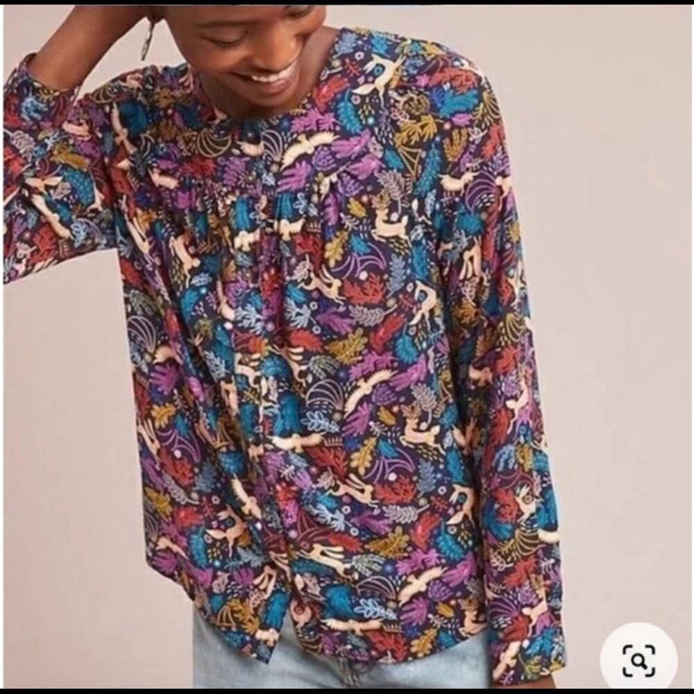 Anthropologie Conversation Forest Friends Animal Print Blouse Button Up Limited